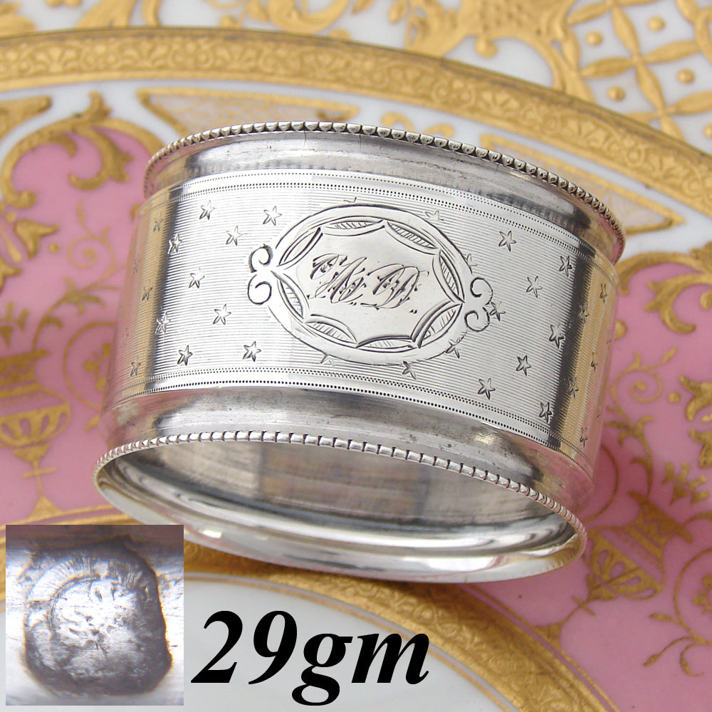 Antique French Sterling Silver Napkin Ring, Guilloche Style "Field of Stars", "AD"(?) Monogm