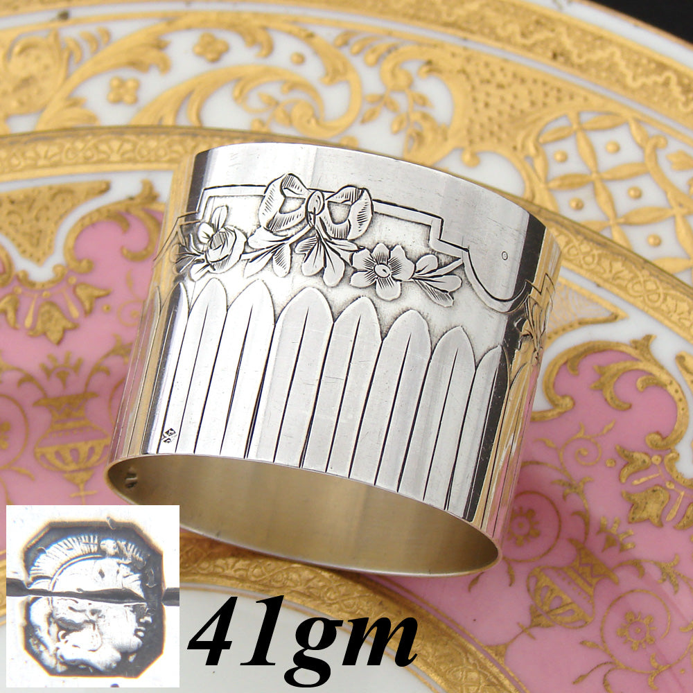 Antique French Sterling Silver 2" Napkin Ring, Laurel or Palmettes, Bow & Ribbon, Floral Garland