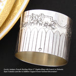 Antique French Sterling Silver 2" Napkin Ring, Laurel or Palmettes, Bow & Ribbon, Floral Garland