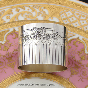 Antique French Sterling Silver 2" Napkin Ring, Laurel or Palmettes, Bow & Ribbon, Floral Garland