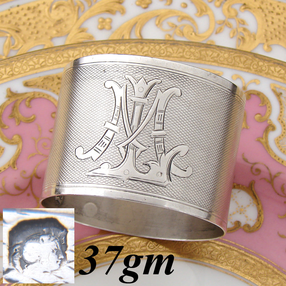 Antique French Sterling Silver Napkin Ring, Guilloche Style Decoration, "LM" Monogram