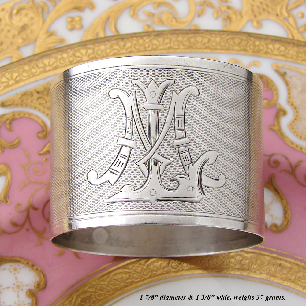 Antique French Sterling Silver Napkin Ring, Guilloche Style Decoration, "LM" Monogram