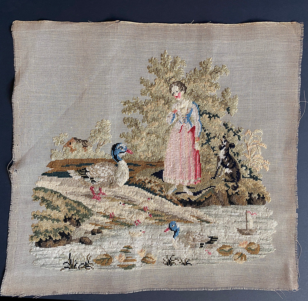 Charming Antique French Needlepoint Sampler, Tapestry Country Scene Girl, Dog, Duck