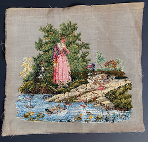 Charming Antique French Needlepoint Sampler, Tapestry Country Scene Girl, Dog, Duck