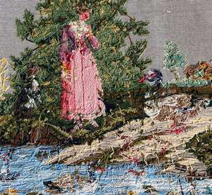 Charming Antique French Needlepoint Sampler, Tapestry Country Scene Girl, Dog, Duck