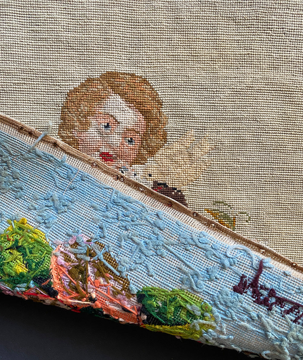 Antique Victorian 18.5" x 15" Needlepoint Panel, Signed M. Wilson, 1872, Child Sampler