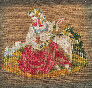 Antique French Needlepoint Panel, Wall Hanging, 16" w Country French Girl and Lamb