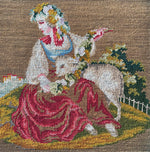 Antique French Needlepoint Panel, Wall Hanging, 16" w Country French Girl and Lamb