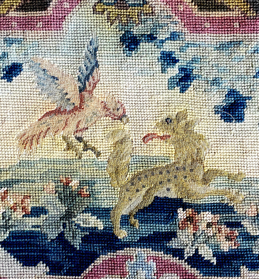 Antique French Needlepoint Embroidery Panel, Make a Pillow, 20" x 15.5", Dragon