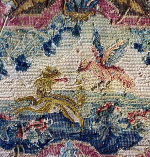 Antique French Needlepoint Embroidery Panel, Make a Pillow, 20" x 15.5", Dragon