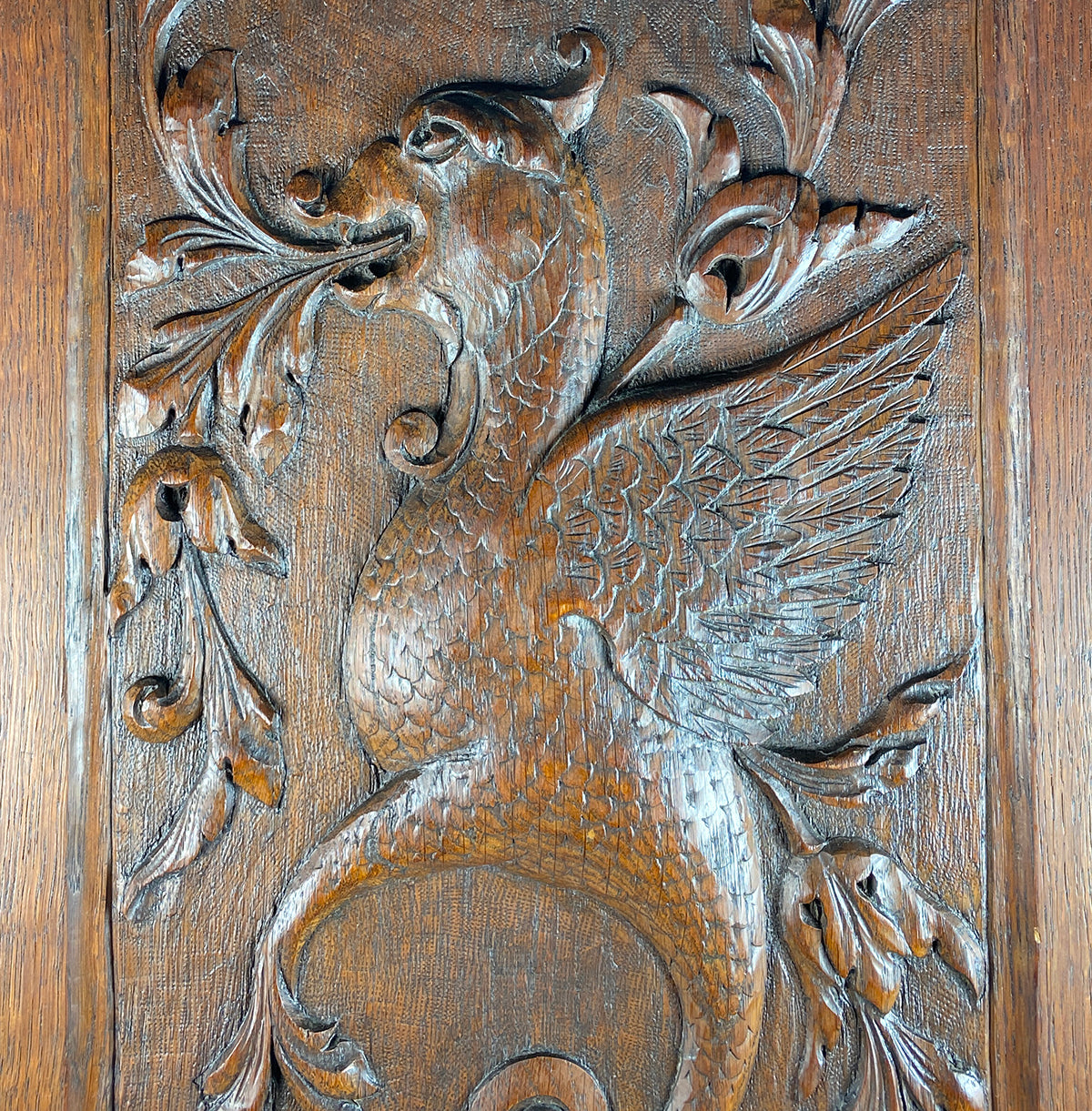 Large Antique Carved Wood Cabinet Panel, Griffen Gryphon, Mythical Neo Renaissance