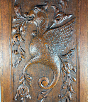 Large Antique Carved Wood Cabinet Panel, Griffen Gryphon, Mythical Neo Renaissance