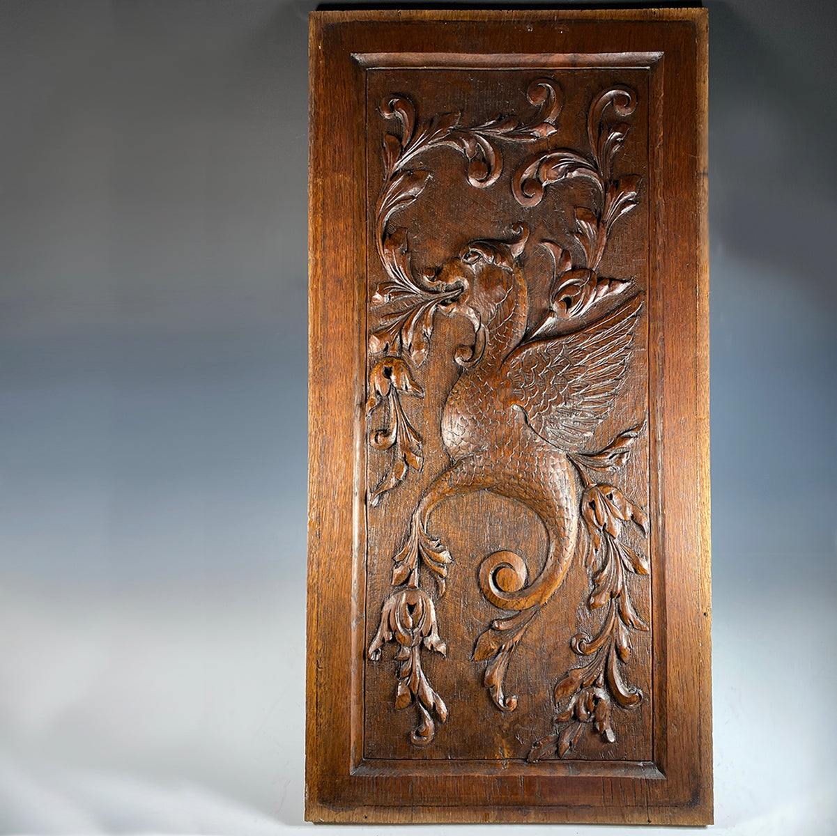 Large Antique Carved Wood Cabinet Panel, Griffen Gryphon, Mythical Neo Renaissance