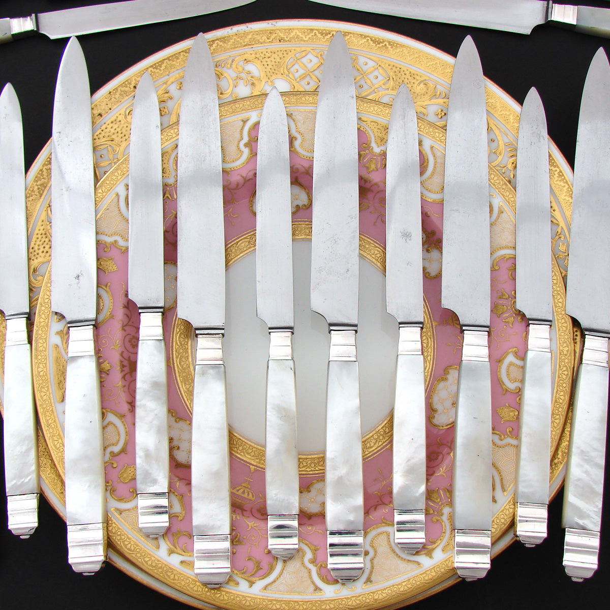 Antique French 22pc .800 (nearly sterling) Silver & Mother of Pearl Dinner Knife Set