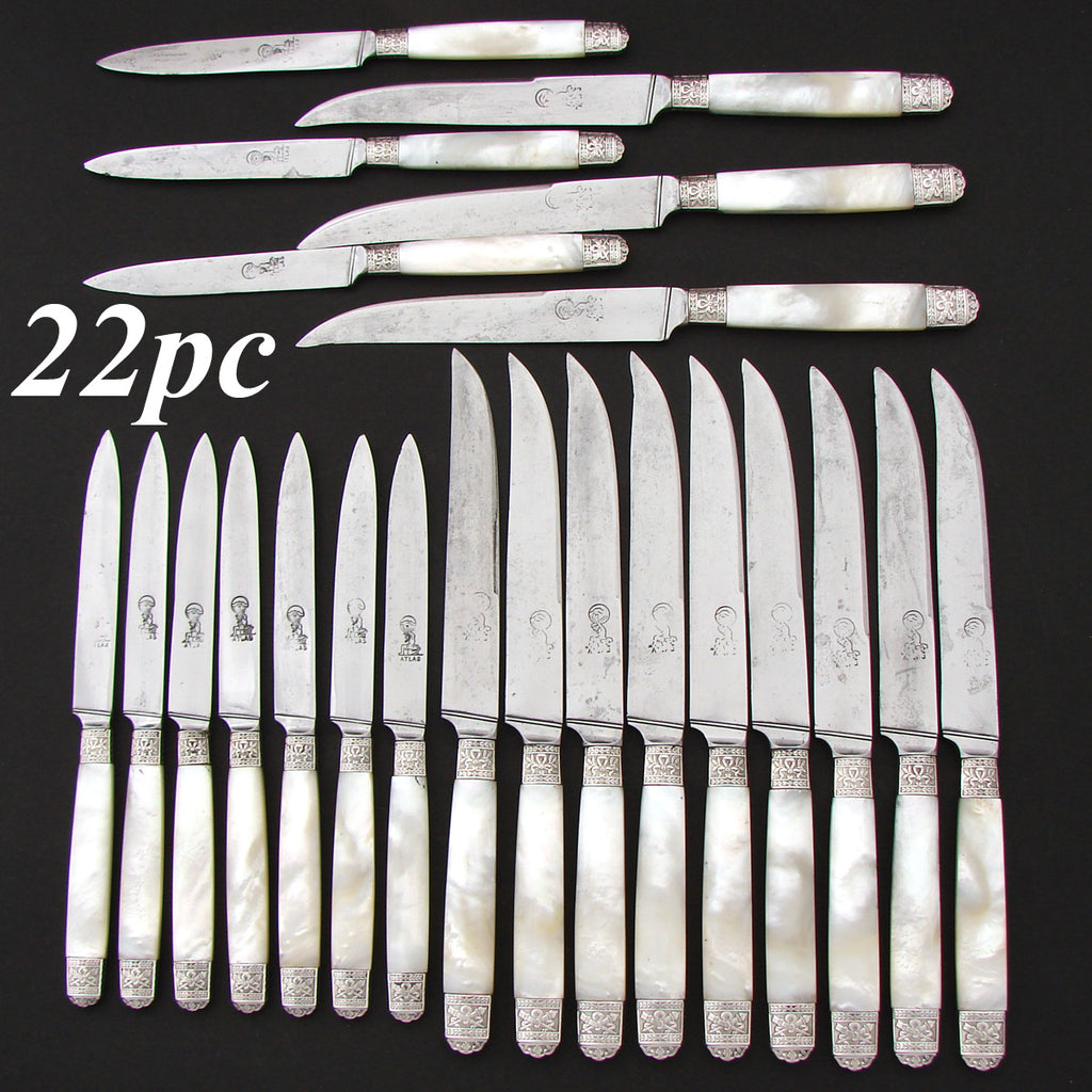 Antique French 22pc  .800 (nearly sterling) Silver & Mother of Pearl Dinner Knife Set