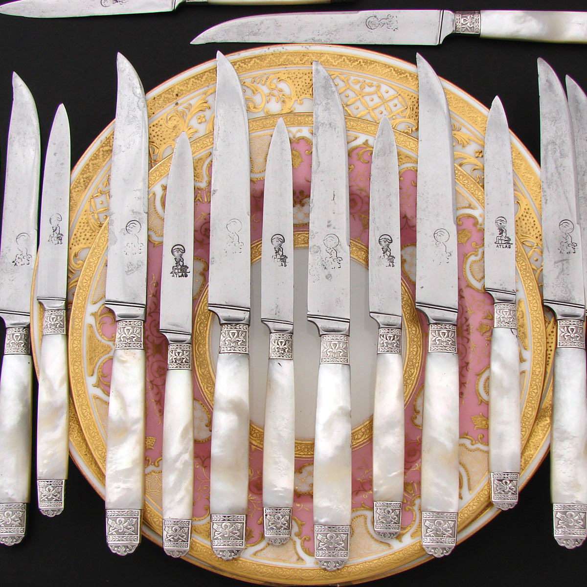 Antique French 22pc  .800 (nearly sterling) Silver & Mother of Pearl Dinner Knife Set