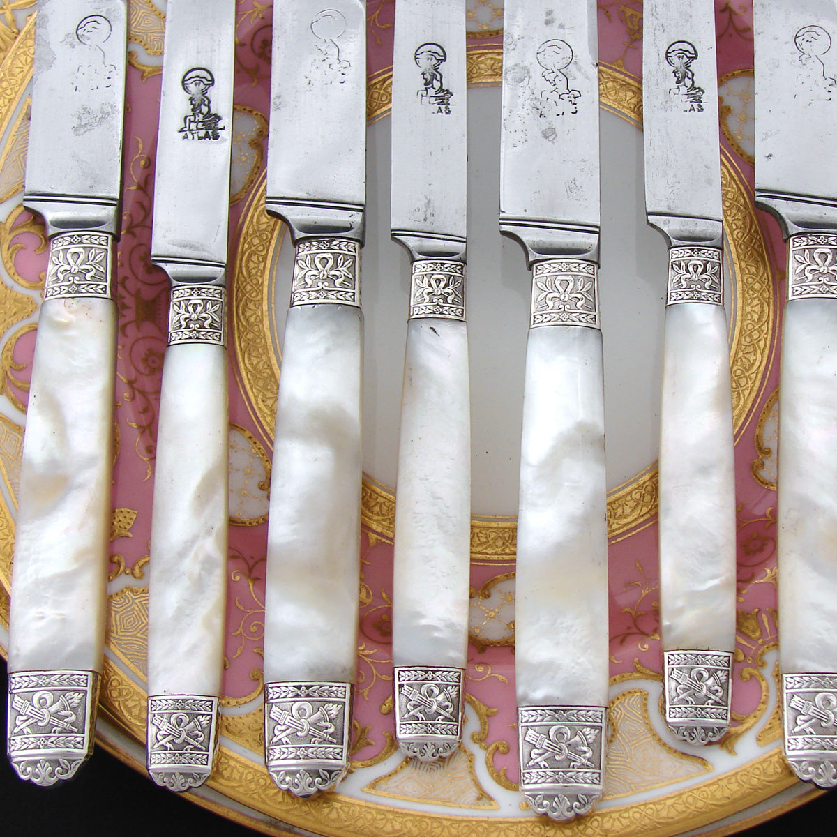 Antique French 22pc  .800 (nearly sterling) Silver & Mother of Pearl Dinner Knife Set