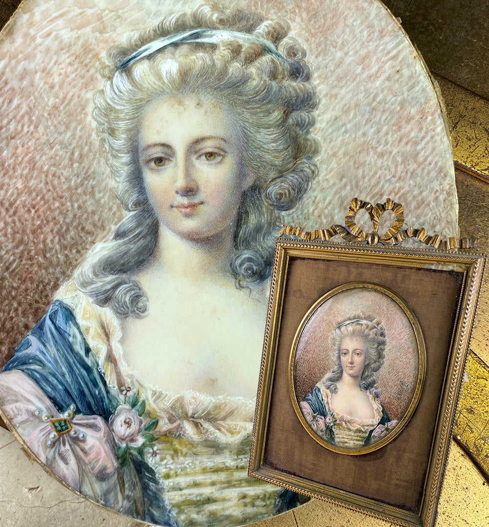 Fine Antique Large French Bronze Frame and Portrait Miniature Mme Lamballe, Grand Tour