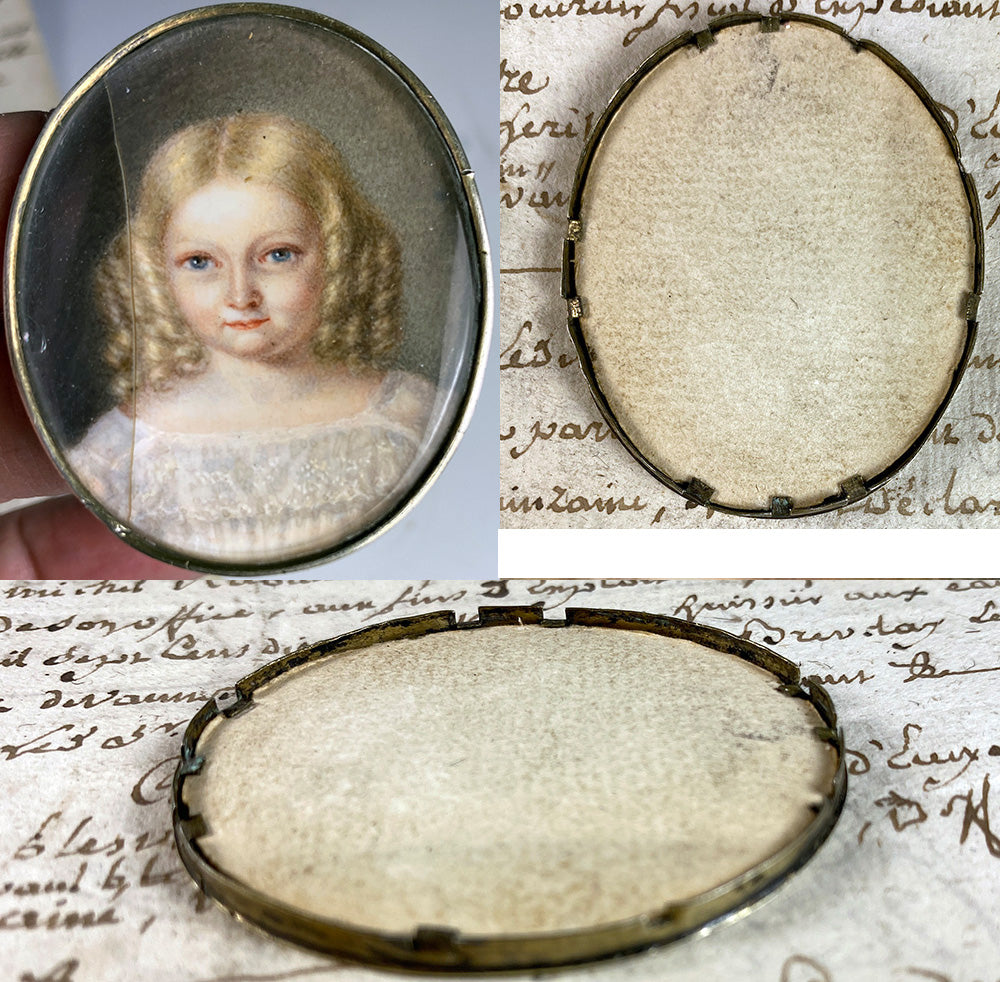 Petit Antique French Portrait Miniature of a Child, Blond Girl, Blue Eyes & Ringlets c. 1830s