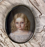 Petit Antique French Portrait Miniature of a Child, Blond Girl, Blue Eyes & Ringlets c. 1830s