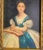 Antique English Oil Painting of a Young Woman Reading, Framed by London Framer, c 1850s