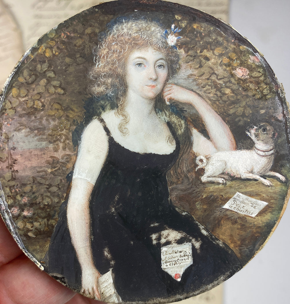 Antique French ID'd c.1797 Portrait Miniature, Painting with Dog and Letters, Marquesse de Culan