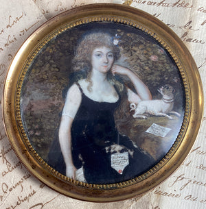 Antique French ID'd c.1797 Portrait Miniature, Painting with Dog and Letters, Marquesse de Culan