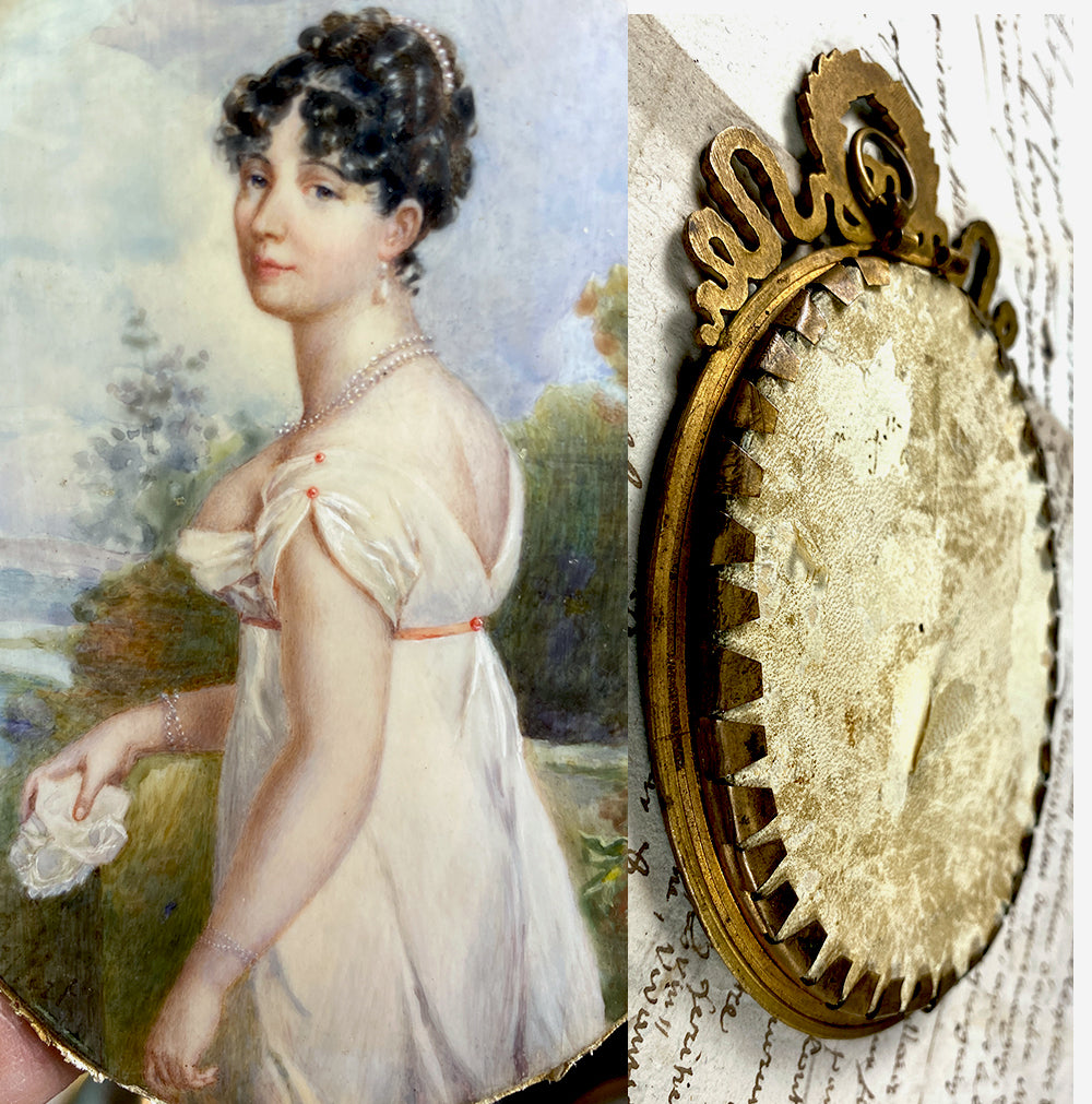 RARE Beauty Superb c.1800 Antique French Portrait Miniature, 3/4 Pose in Landscape