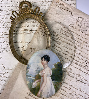 RARE Beauty Superb c.1800 Antique French Portrait Miniature, 3/4 Pose in Landscape