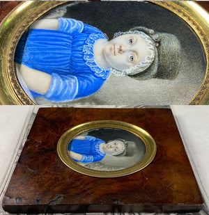 RARE 18th Century Portrait Miniature Child in French Revolution Hat, Burl Wood Frame