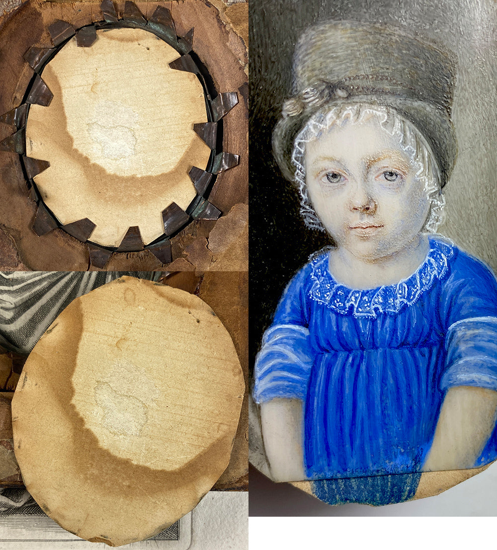 RARE 18th Century Portrait Miniature Child in French Revolution Hat, Burl Wood Frame