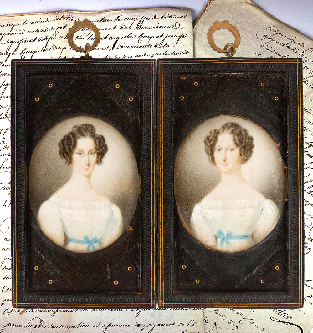 Pair: Antique c.1830s Portrait Miniatures of 2 Sisters, Bottle Curls, Unique Passe Partout Frames