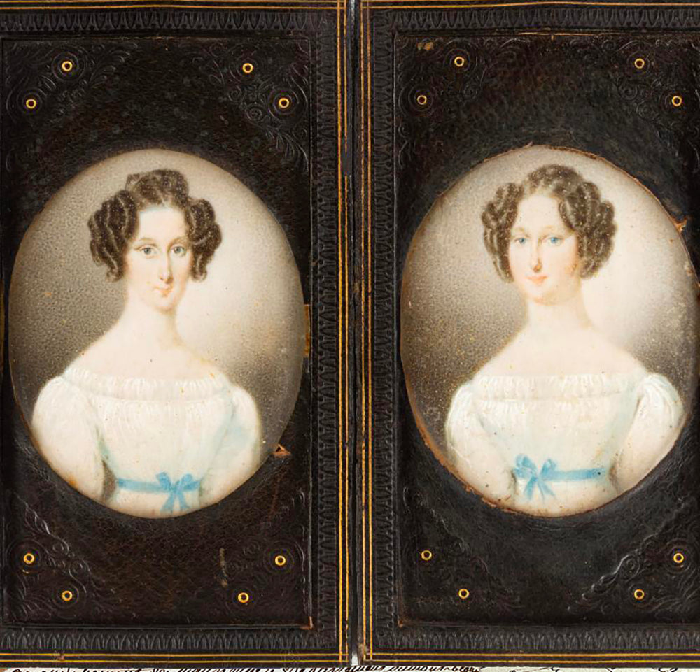 Pair: Antique c.1830s Portrait Miniatures of 2 Sisters, Bottle Curls, Unique Passe Partout Frames
