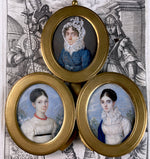 RARE Antique French Empire Portrait Miniatures, Family of 3, Mother and 2 Sisters, Red Coral Necklace
