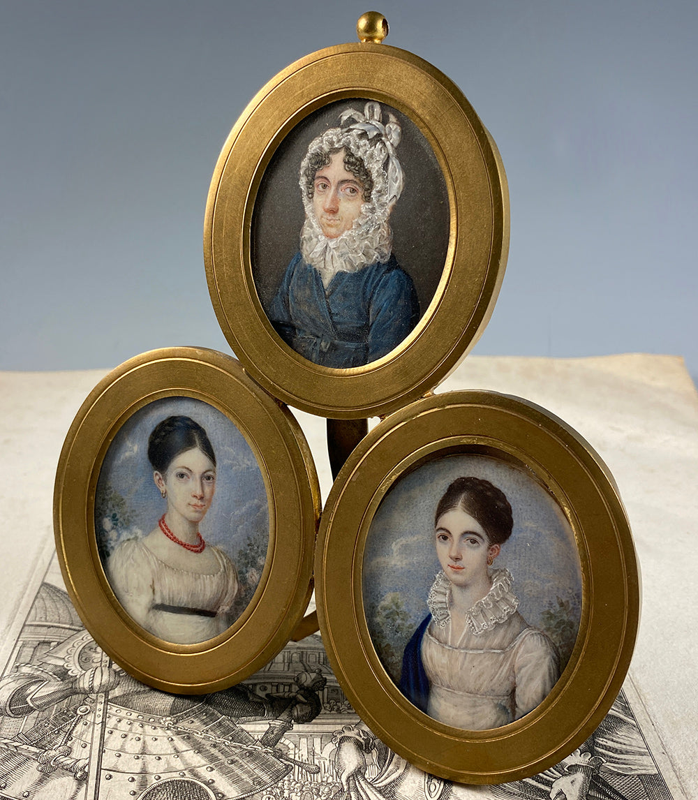 RARE Antique French Empire Portrait Miniatures, Family of 3, Mother and 2 Sisters, Red Coral Necklace