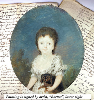 Rare Antique 18th Century Portrait Miniature, Child Holding Dog, Artist Signed Painting