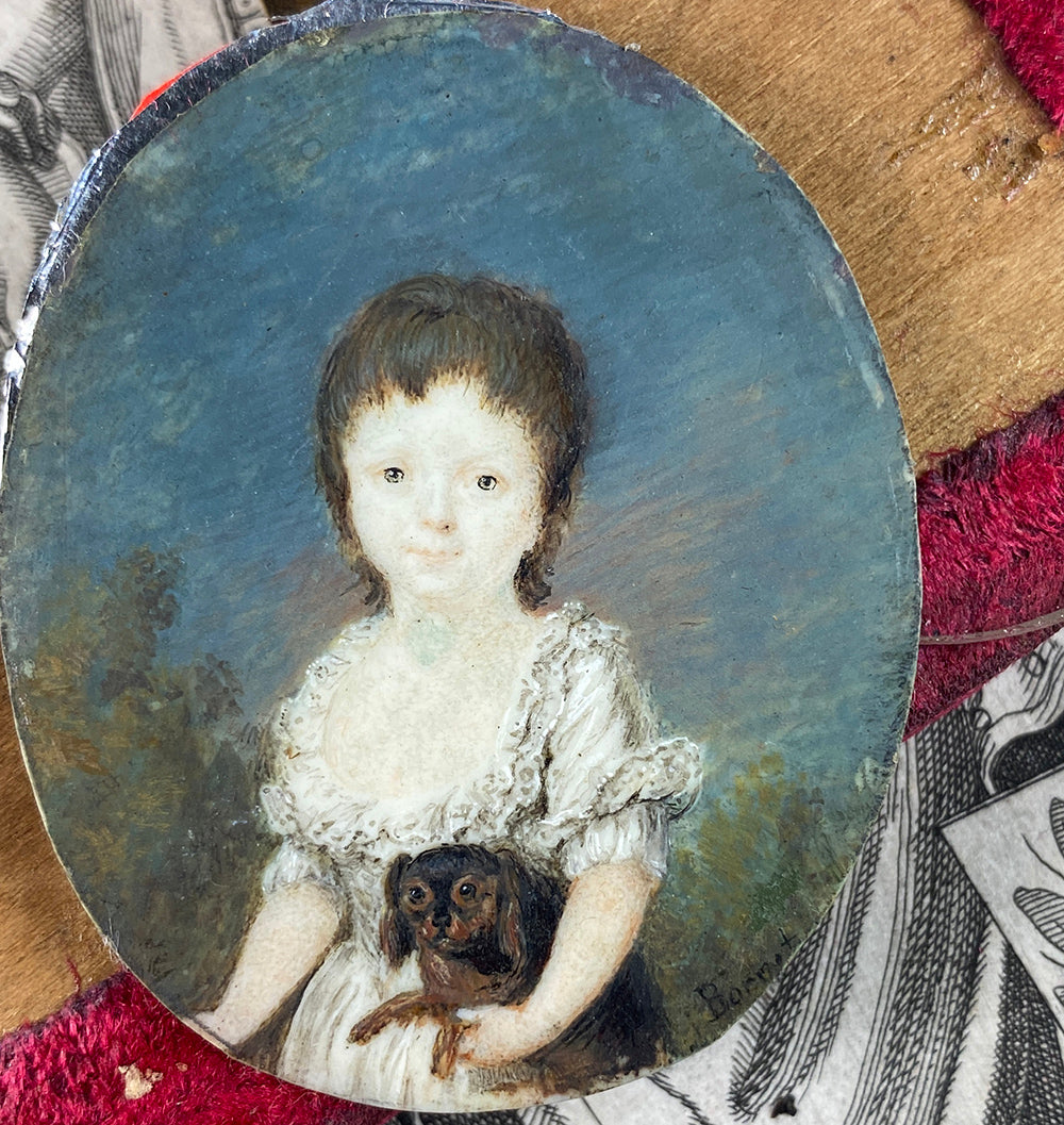 Rare Antique 18th Century Portrait Miniature, Child Holding Dog, Artist Signed Painting