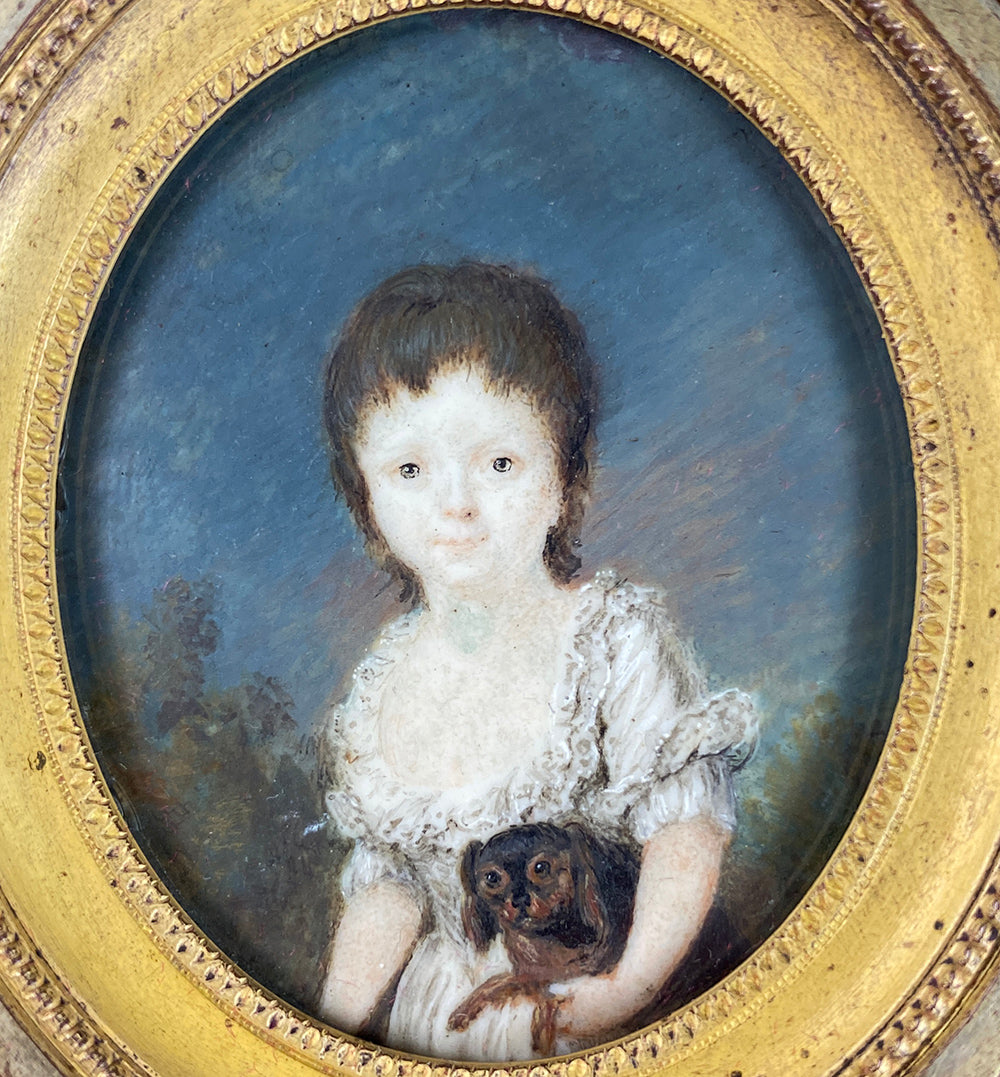 Rare Antique 18th Century Portrait Miniature, Child Holding Dog, Artist Signed Painting