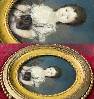 Rare Antique 18th Century Portrait Miniature, Child Holding Dog, Artist Signed Painting