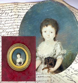 Rare Antique 18th Century Portrait Miniature, Child Holding Dog, Artist Signed Painting