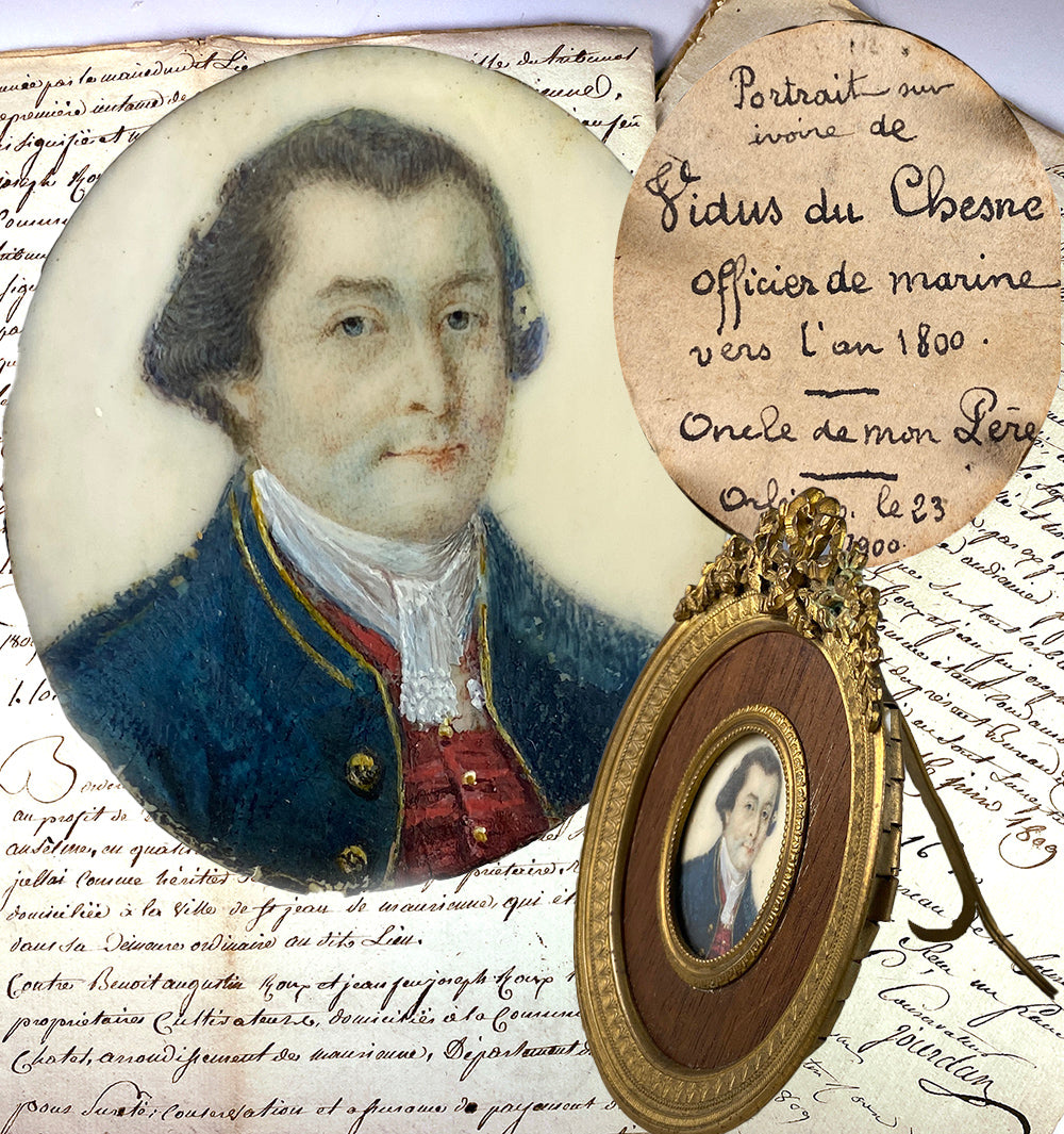 Antique ID'd French Marine Officer c. 1800 Portrait Miniature in Bronze Frame, "Vidus du Chesne"