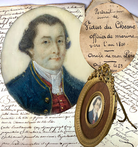 Antique ID'd French Marine Officer c. 1800 Portrait Miniature in Bronze Frame, "Vidus du Chesne"