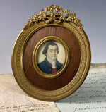 Antique ID'd French Marine Officer c. 1800 Portrait Miniature in Bronze Frame, "Vidus du Chesne"