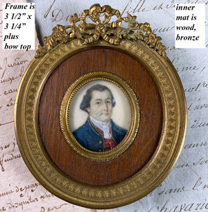 Antique ID'd French Marine Officer c. 1800 Portrait Miniature in Bronze Frame, "Vidus du Chesne"