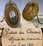 Antique ID'd French Marine Officer c. 1800 Portrait Miniature in Bronze Frame, "Vidus du Chesne"