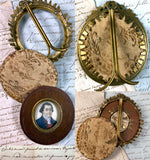 Antique ID'd French Marine Officer c. 1800 Portrait Miniature in Bronze Frame, "Vidus du Chesne"