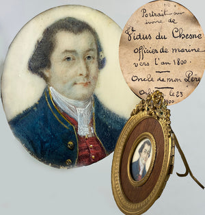 Antique ID'd French Marine Officer c. 1800 Portrait Miniature in Bronze Frame, "Vidus du Chesne"