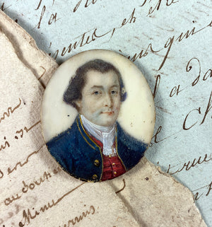 Antique ID'd French Marine Officer c. 1800 Portrait Miniature in Bronze Frame, "Vidus du Chesne"