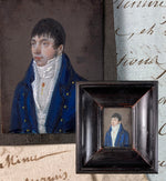 Tiny 18th Century Portrait Miniature Young Man Incroyables et Marveillius Blue Top Coat