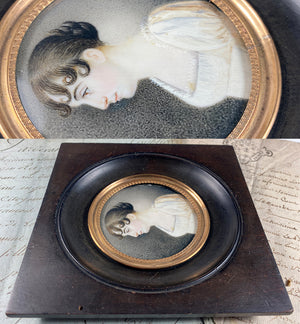 Antique French Empire Portrait Miniature in Silhouette, Beautiful Young Woman c.1810